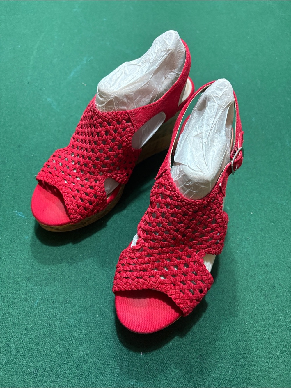 SO Red Woven Slingback Wedge Sandals